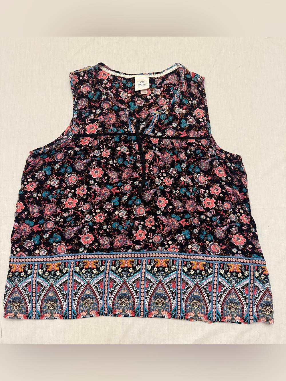 Knox Rose Black Floral Border-Print Sleeveless Tank